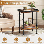 Farmhouse Rectangular Side Table with Storage Shelf,2 Tier End Table with Raised Edge Tray Top, Accent Sofa Table for Small Space, Living Room, Bedroom,Rustic Brown