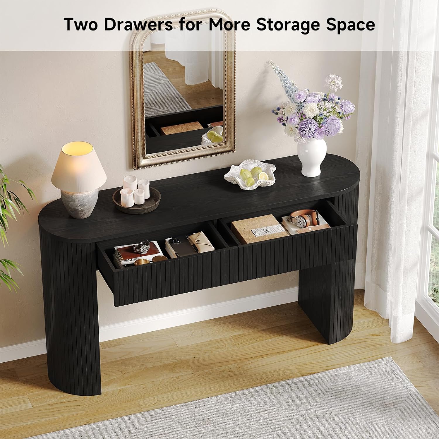 Entryway Table with Storage, Mid-Century Console Tables with 2 Drawers, Modern Fluted Sofa Table Behind The Couch, Foyer Tables for Entryway, Couch,Livingroom (Black, 55 Inches)