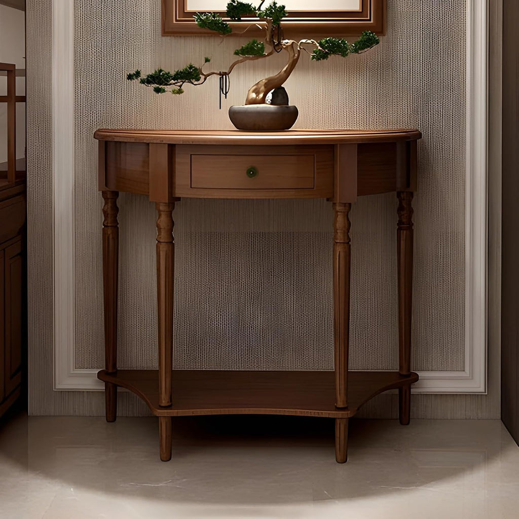 Solid Wood Half Moon Console Table with Drawer – Entryway Accent Table with Storage for Living Room、Foyer、Bedroom or Hallway, Dark Walnut