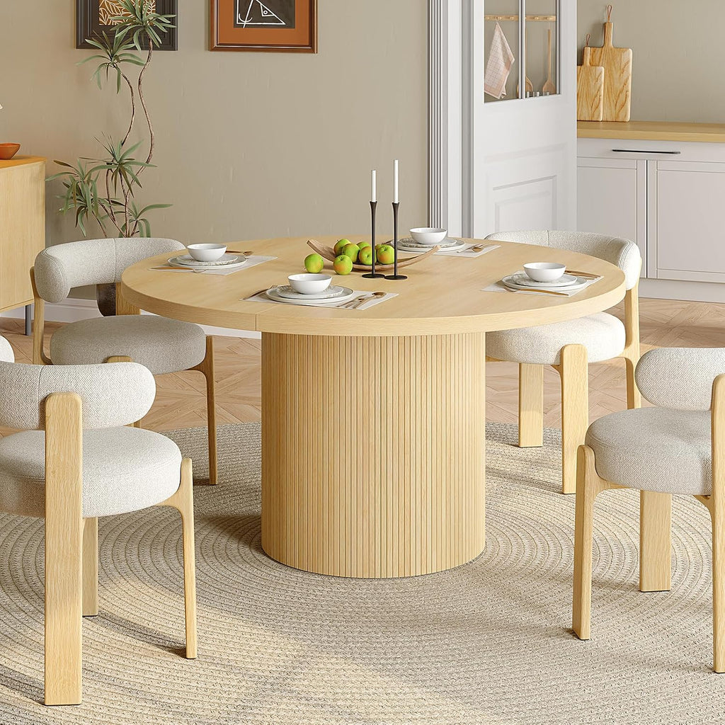 47 inch Round Dining Table for 4, Circle Kitchen Table with Wood Strip Base, Modern Farmhouse Dinner Tables for Kitchen, Living Room (Oak)