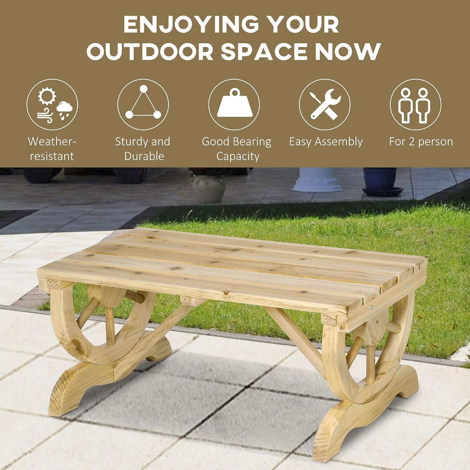 2-Person Outdoor Bench with Wagon Wheel Design