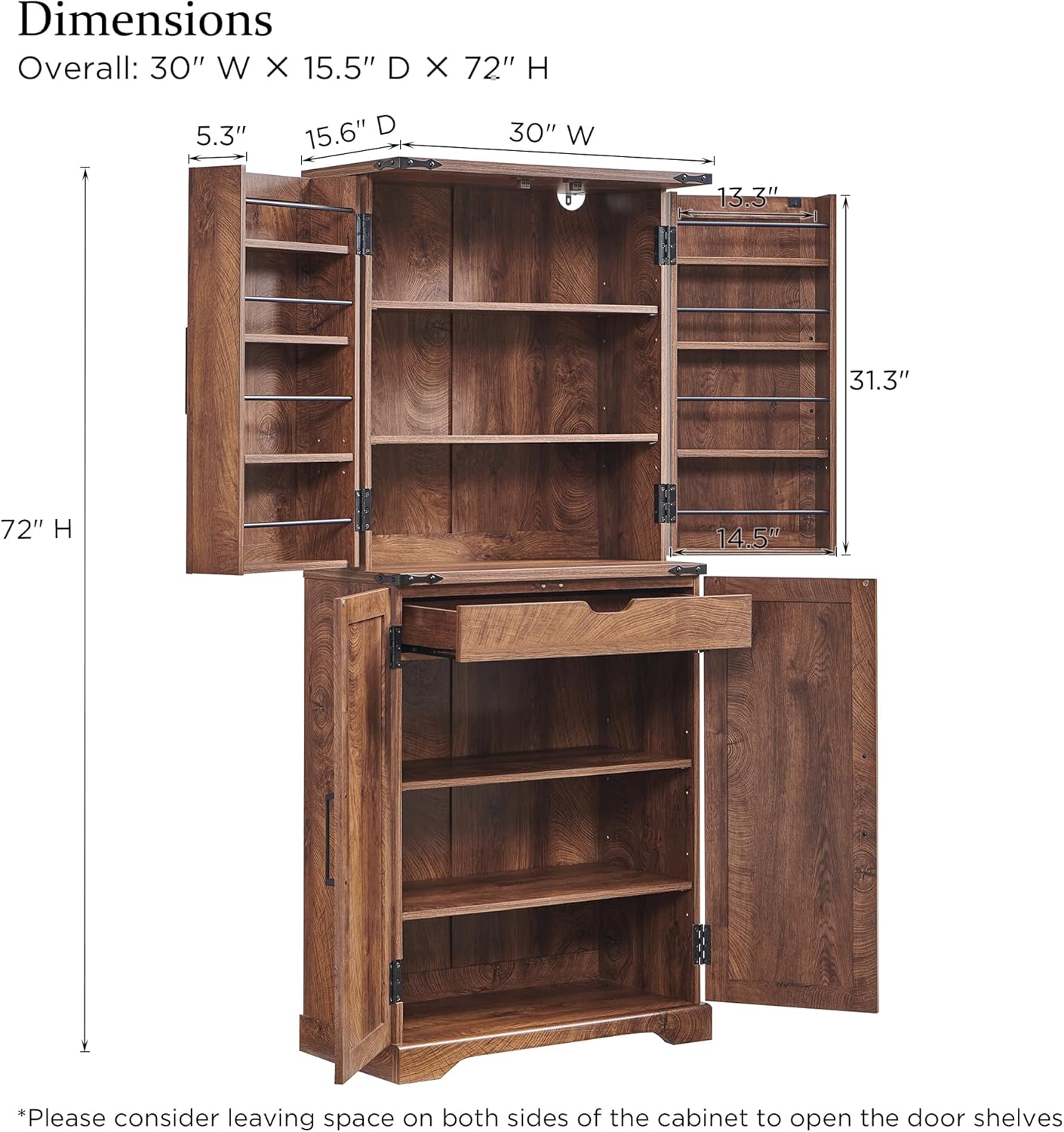 ACCOHOHO 72" Tall Kitchen Pantry, Farmhouse Storage Cabinet with Barn Doors, Organizer, Drawer and Adjustable Shelves, Rustic Wood Cupboard for Kitchen, Dining Room, Bathroom and Hallway, Walnut