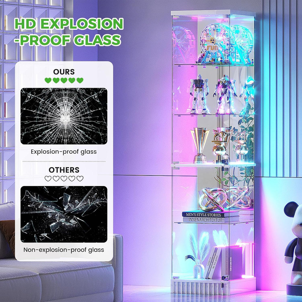 HNEBC Glass Display Cabinet, LED Display Case with RGB Lighting, Lockable Curio Cabinet with Explosion-Proof Glass Doors for Collectibles,5-Tier China Cabint with Motion Sensor Light-White