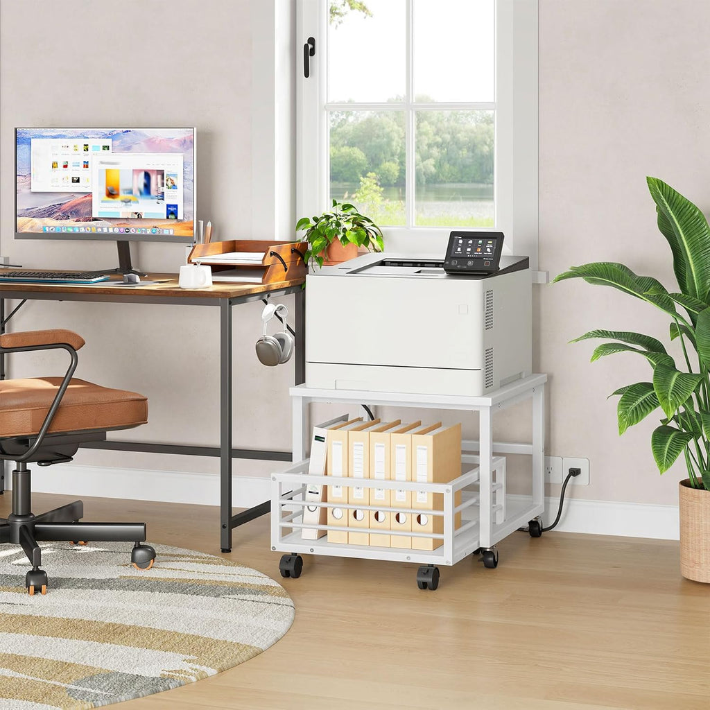 HOOBRO End Table, Mini Fridge Stand with Storage, Mini Fridge Table with Wheels and Adjustable Feet, Sturdy Metal Frame, for Living Room, Bedroom, Office, White WW155TL01