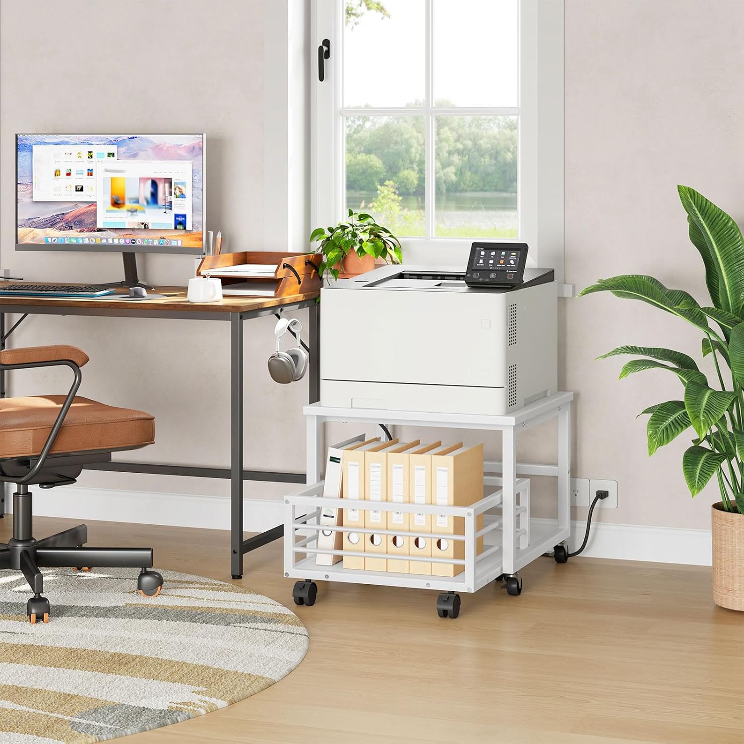 HOOBRO End Table, Mini Fridge Stand with Storage, Mini Fridge Table with Wheels and Adjustable Feet, Sturdy Metal Frame, for Living Room, Bedroom, Office, White WW155TL01