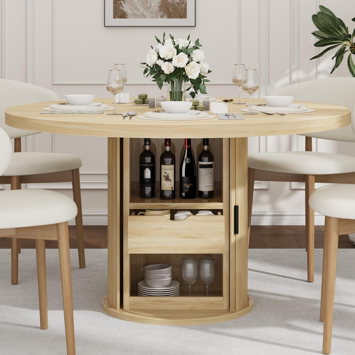 IDEALHOUSE 47" Round Dining Table for 4-6, Modern Farmhouse Kitchen Table with 2-Layer Storage Shelf & Drawer, Wooden Circle Dining Tables with Fluted Pedestal Base, Natural