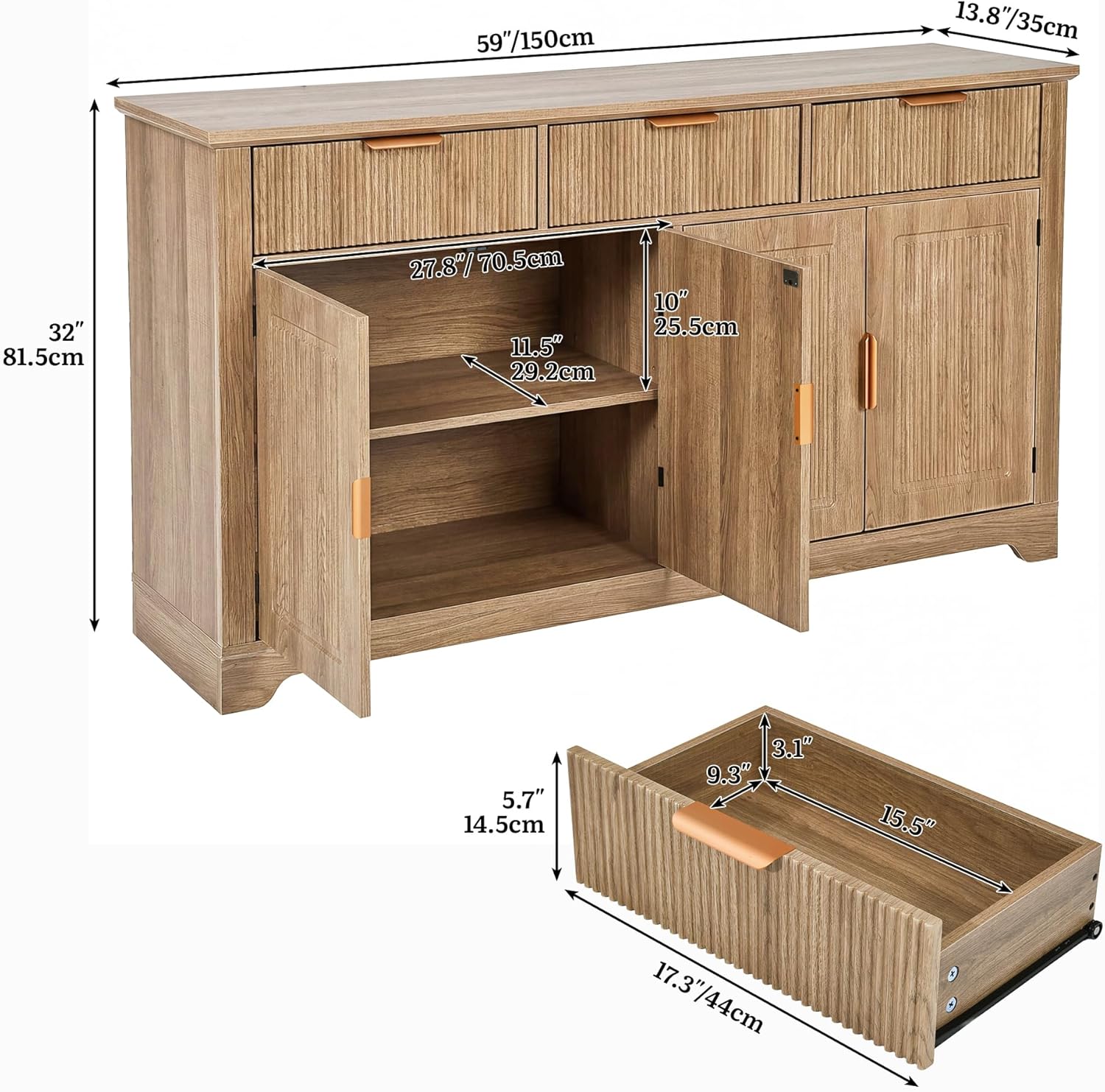 YITAHOME 59" Fluted Sideboard Buffet Cabinet with Storage, Wood Kitchen Storage Cabinet with Adjustable Shelves & Drawers, Mid Century Modern Credenza for Kitchen, Living Room, Entryway (Natural Oak)