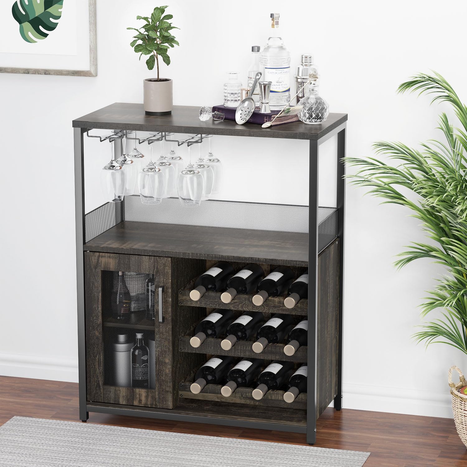 GAOMON Coffee Wine Bar Cabinet with Storage and Detachable Rack, Farmhouse Sideboard and Buffet Cabinet with Glass Holder and Mesh Door, Liquor Coffee Bar Cupboard, Dark Wood