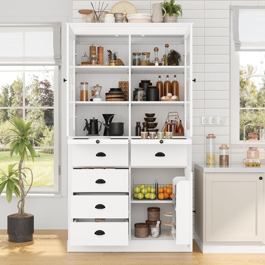 Vintage 72" Freestanding Kitchen Pantry with Glass Doors, Coffee Bar Station, Adjustable Shelves & Serving Trays for Dining & Living Room (White20)