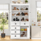 roomfitters 72" Kitchen Pantry Organizers and Storage Kitchen Cabinet, Storage Hutch with Glass Doors, 5 Drawers, White