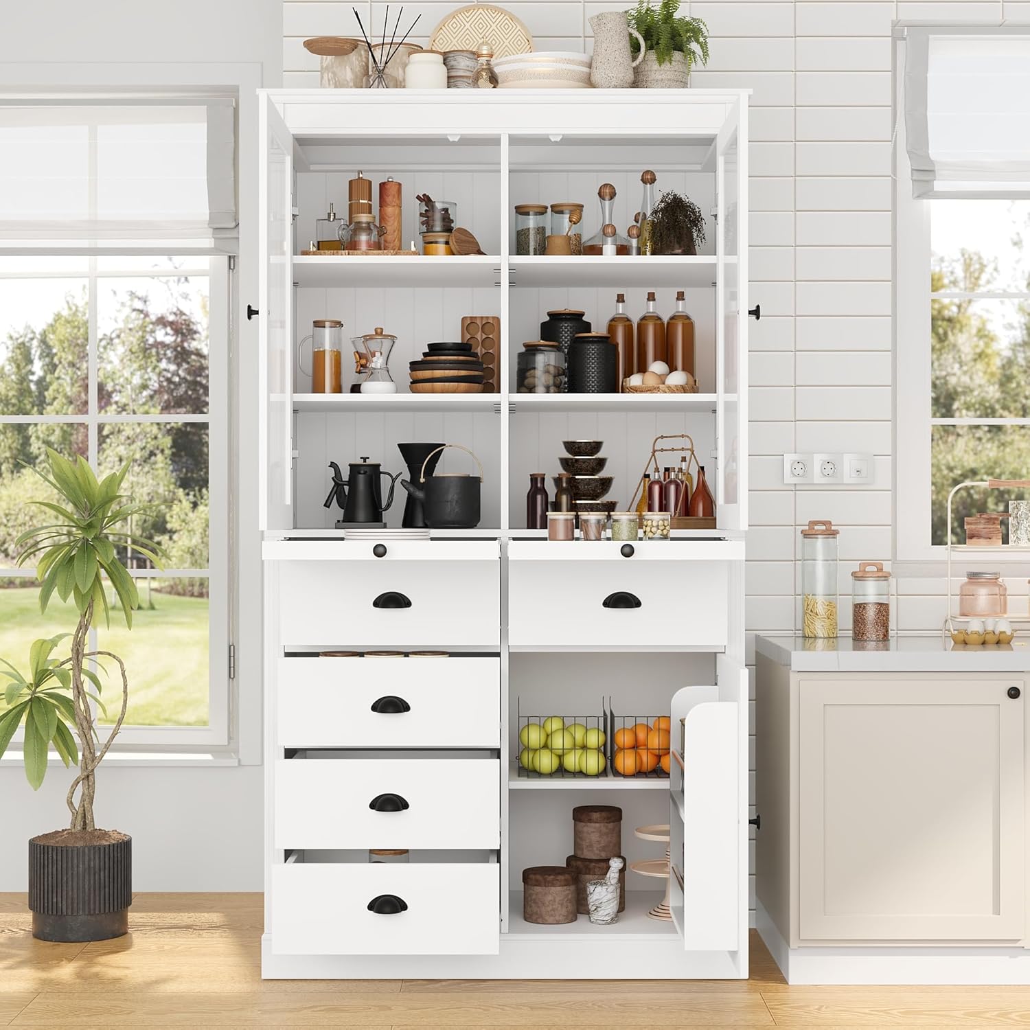 roomfitters 72" Kitchen Pantry Organizers and Storage Kitchen Cabinet, Storage Hutch with Glass Doors, 5 Drawers, White