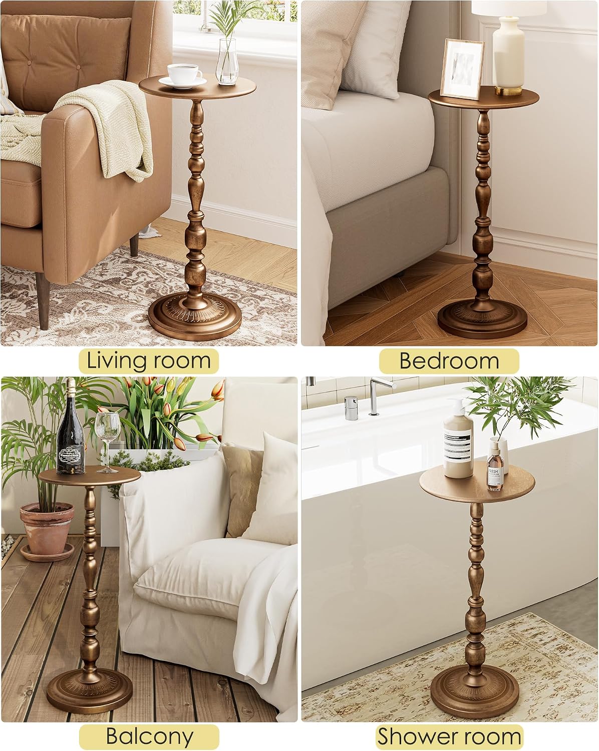 Bronze Side Table, Art Deco Vintage Metal End Table 25" Height, Accent Cocktail Table for Living Room, Small Spaces, Polished Brass Finish, Corrosion-Resistant Cast Aluminum