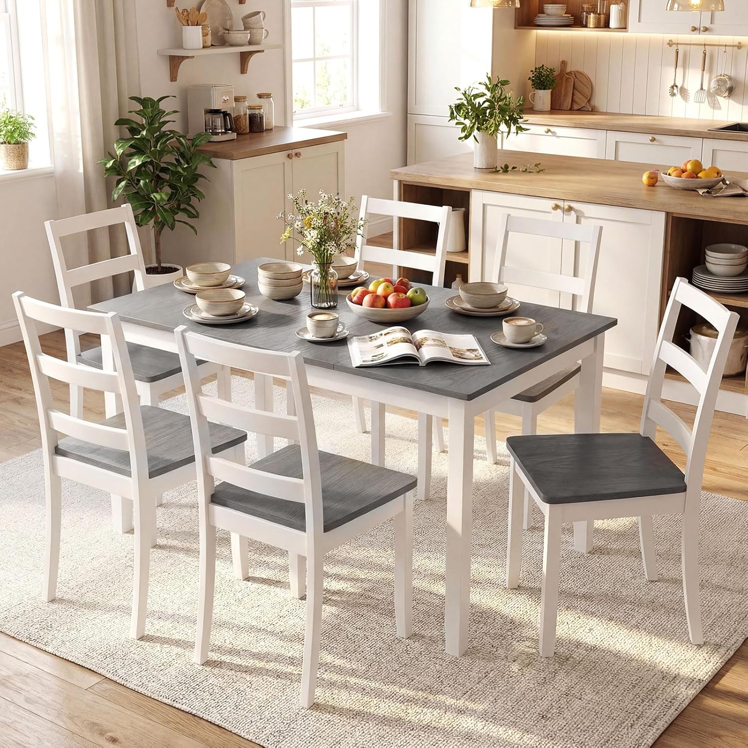 Giantex 7-Piece Dining Table Set for 6, Rectangular 60-inches Kitchen Table and 6 Dining Chairs with Rubber Wood Legs, Protective Foot Pads, Farmhouse Dinette Set for Dining Room, Restaurant (Gray)