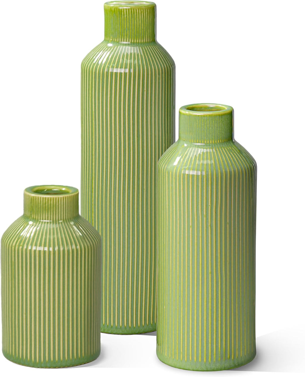 Ceramic Flower Vase Set of 3, Green Modern Vases Home Decor, Small Ribbed Textured Vase, Bathroom, Living Room, Fireplace, Table Decor