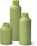 Ceramic Flower Vase Set of 3, Green Modern Vases Home Decor, Small Ribbed Textured Vase, Bathroom, Living Room, Fireplace, Table Decor