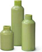 Ceramic Flower Vase Set of 3, Green Modern Vases Home Decor, Small Ribbed Textured Vase, Bathroom, Living Room, Fireplace, Table Decor