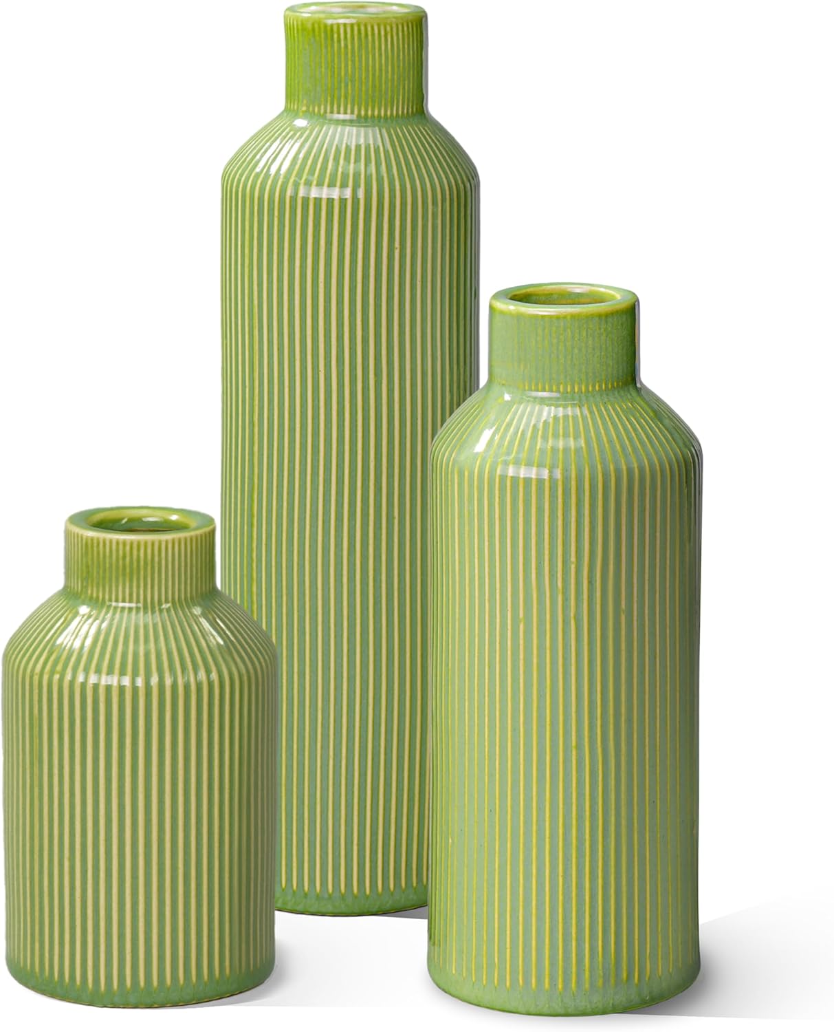 Ceramic Flower Vase Set of 3, Green Modern Vases Home Decor, Small Ribbed Textured Vase, Bathroom, Living Room, Fireplace, Table Decor