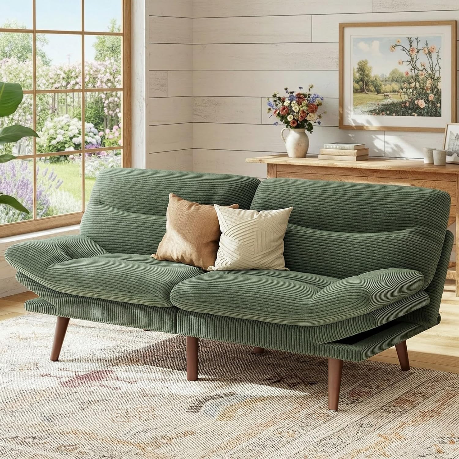 Marsail 66.1" Futon Sofa Bed, Corduroy Convertible Futon Couch with Adjustable Backrest & Armrests, Small Sleeper Sofa Loveseat for Small Apartments, Study Room, Office, Green