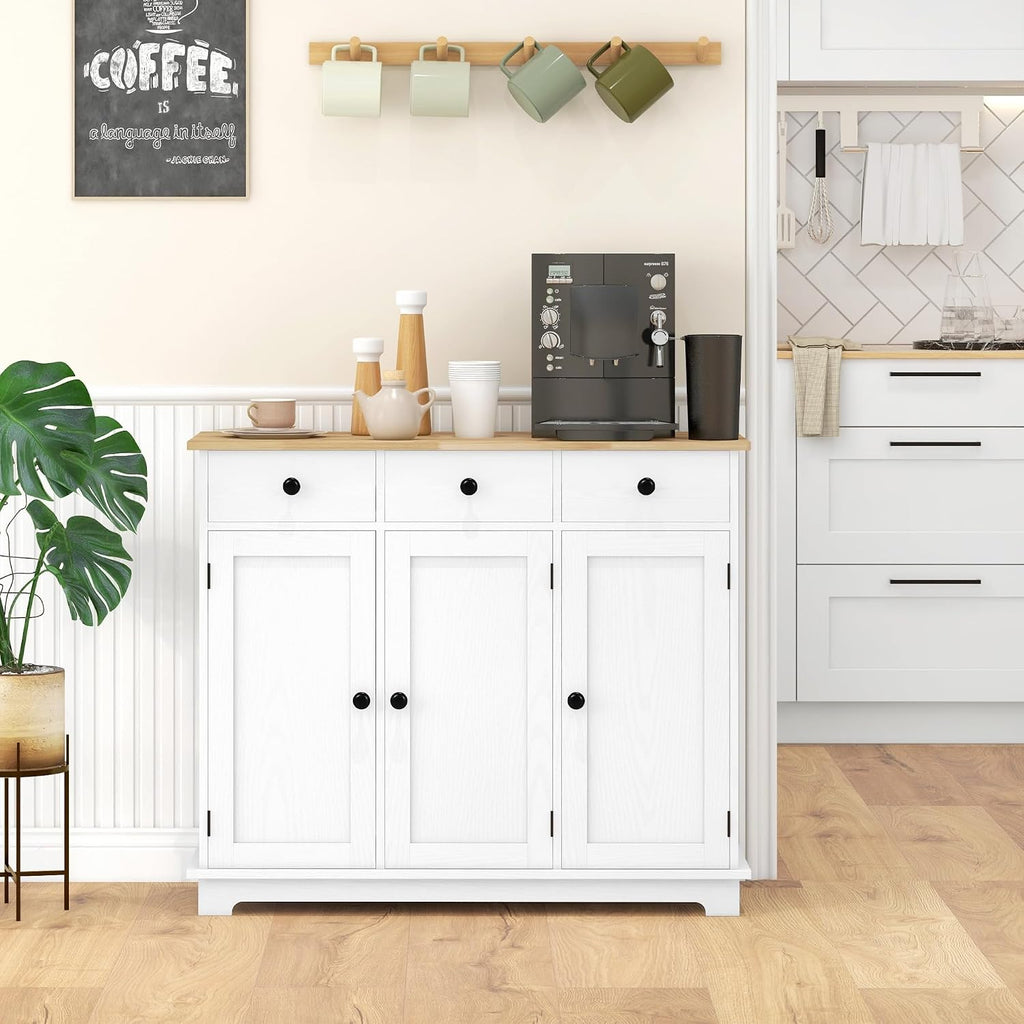 Sideboard with Solid Wood Countertop, Modern Kitchen Storage Cabinet, Coffee Bar Cabinet with 3 Drawers, Doors and Adjustable Shelf, Distressed White,for Kitchen