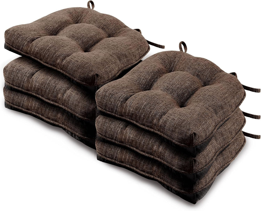 Basic Beyond Chair Cushions for Dining Chairs 6 Pack, Kitchen Chair Cushion with Ties and Non Slip Backing, 15.5 x 15.5 inches Tufted Chair Pads for Dining Chairs, Brown