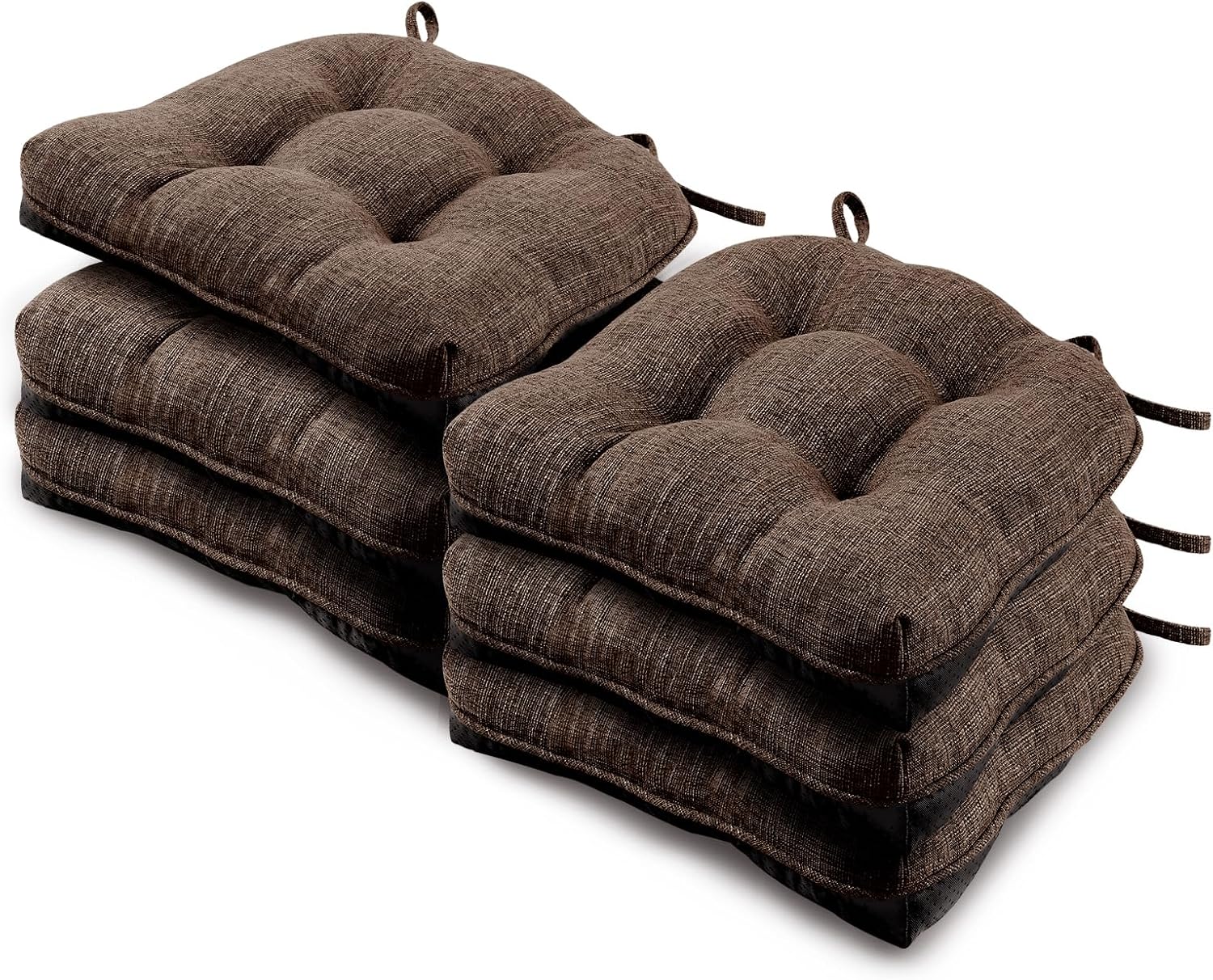 Basic Beyond Chair Cushions for Dining Chairs 6 Pack, Kitchen Chair Cushion with Ties and Non Slip Backing, 15.5 x 15.5 inches Tufted Chair Pads for Dining Chairs, Brown