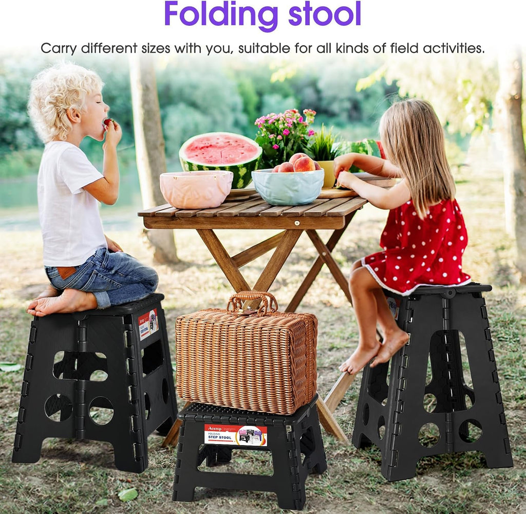 ACSTEP 17.5 Inch Folding Step Stool 2 Pack, 400 LB Capacity Plastic Foldable Stools with Handle, Non-Slip Step Stool for Kids and Adults, Home Use (Black & Black)