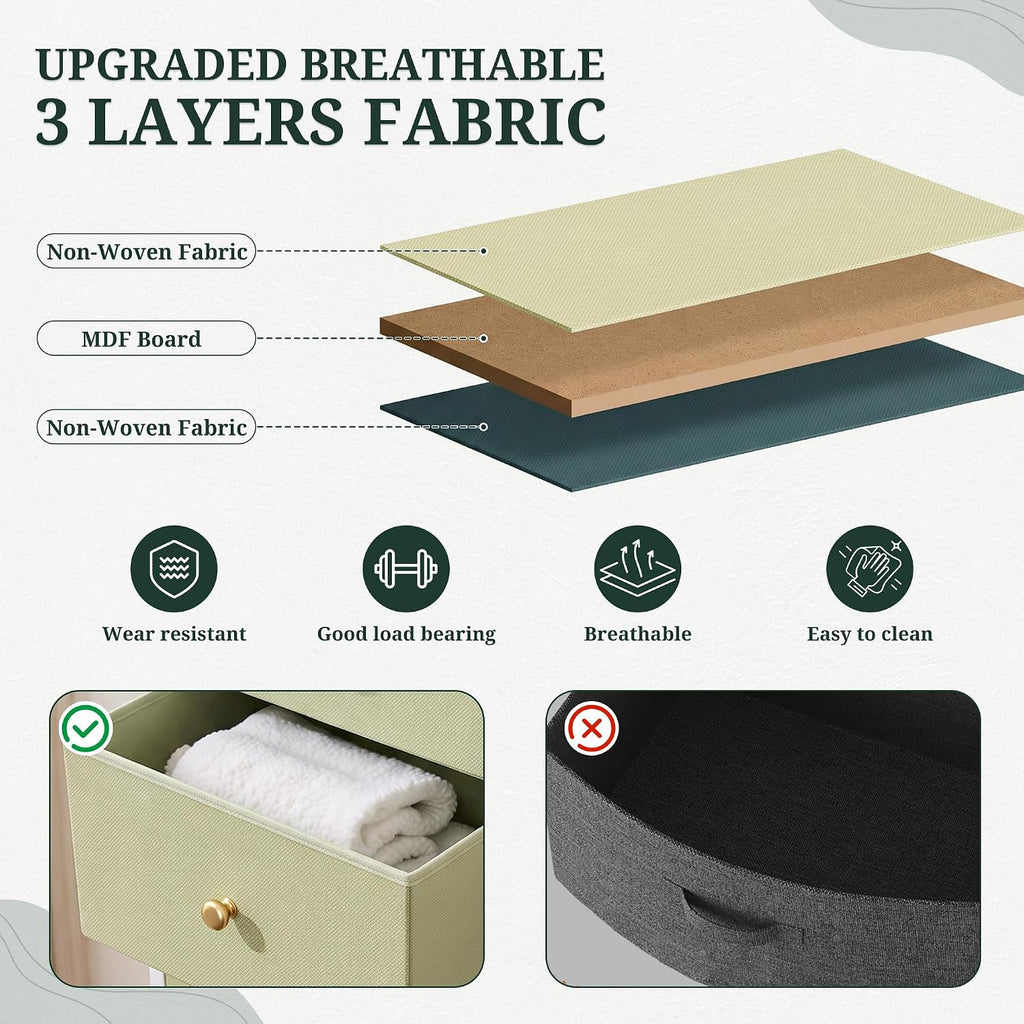 2 Drawer Fabric Nightstand, Bedside Table with Wooden Top, Light Green | Small Dresser for Bedroom with Wooden Top and Steel Frame Bedside Table Storage Organizer for Closets, Entryways and Dorms