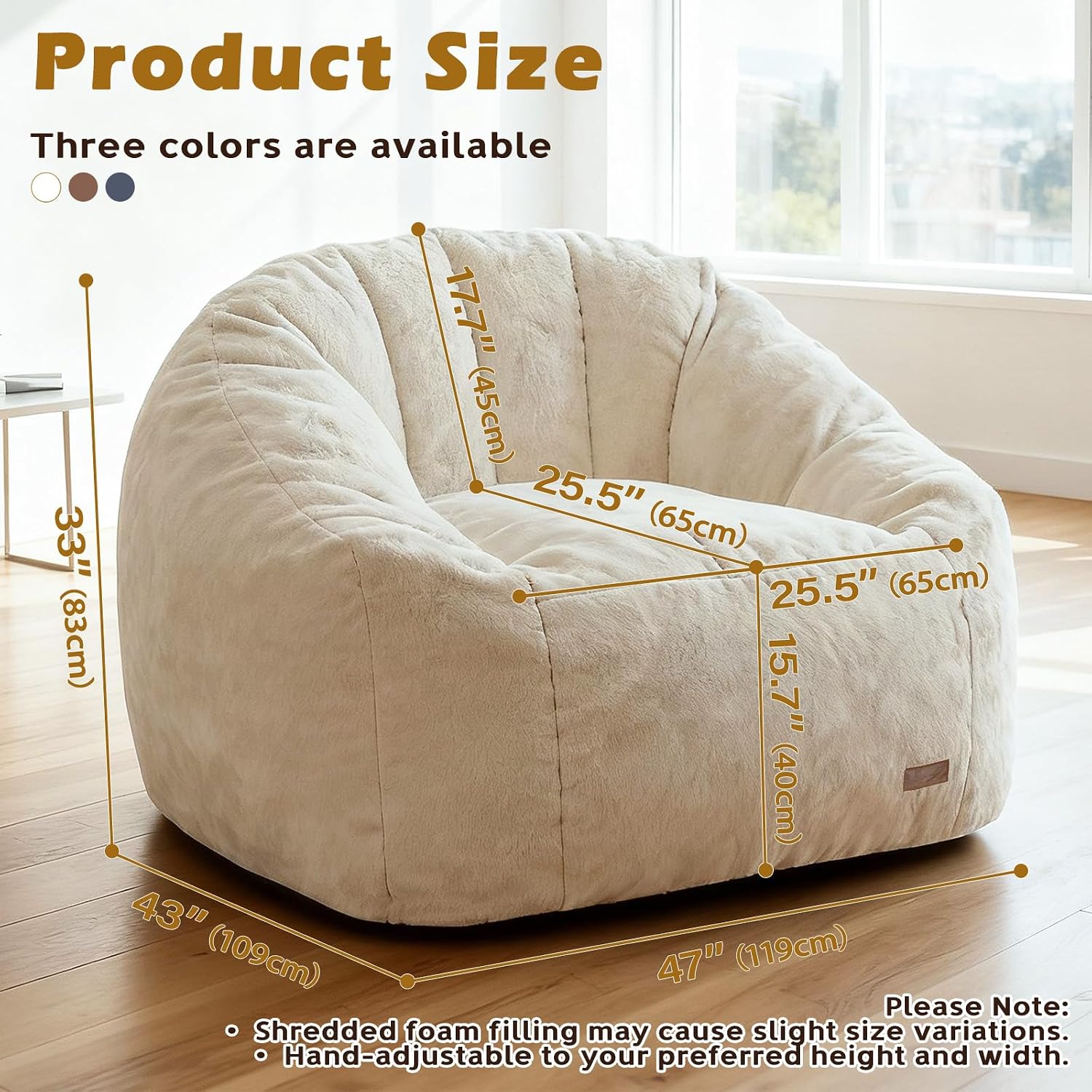 Giant Bean Bag Chair for Adults, Teens and Kids, Cozy Fluffy Corduroy Beanbag Chair with Filler, Large Floor Lounge Sofa for Living Room, Bedroom, Dorm, Gaming and Reading(XL-Ivory)
