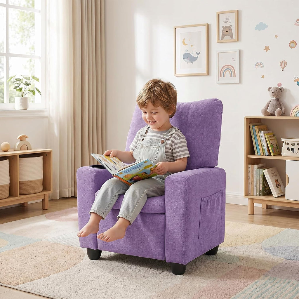 HONEY JOY Kids Recliner with Cup Holder, Chenille Fabric Upholstered Push Back Toddler Sofa w/Storage Pockets, Adjustable Backrest & Footrest, Child Reclining Chair for Ages 3+, Purple