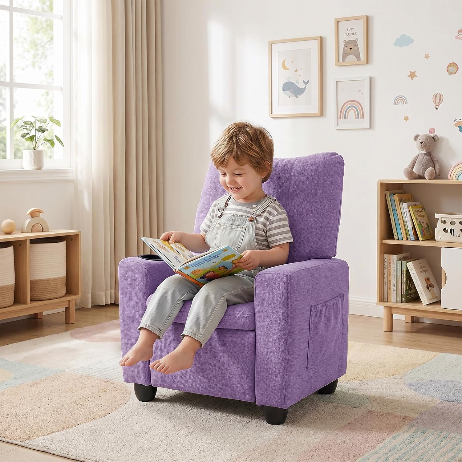 HONEY JOY Kids Recliner with Cup Holder, Chenille Fabric Upholstered Push Back Toddler Sofa w/Storage Pockets, Adjustable Backrest & Footrest, Child Reclining Chair for Ages 3+, Purple