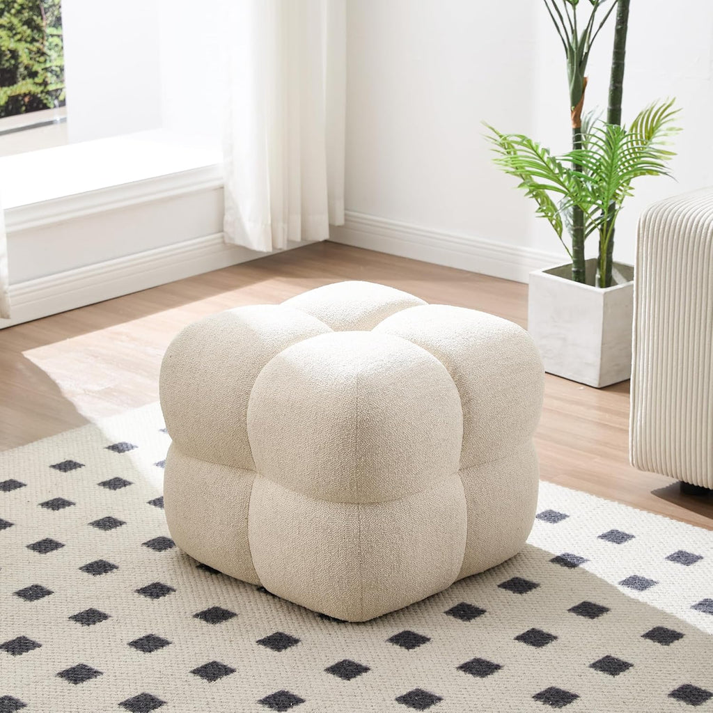 Zesthouse Square Pouf Ottomans Set of 2, Modern Backless Vanity Chair for Bedroom, Beige Linen Foot Rest for Couch, Upholstered Tufted Footstool, Poofy Fabric Ottoman Coffee Table for Living Room