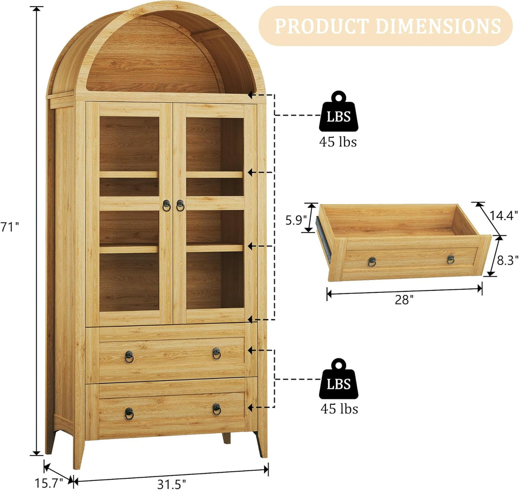 HUAHUU 71" Tall Pantry Cabinet, Arched Cabinet, Kitchen Storage Cabinets with 2 Large Drawers & Adjustable Shelves & Glass Door for Living Room, Kitchen, Dining Room, Natrual