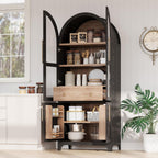 71" Tall Arched Pantry Cabinet with Glass Doors and Adjustable Shelves, Farmhouse Arched Pantry Cabinet with Drawer for Kitchen, Dining Room, Living Room, Bathroom, Black