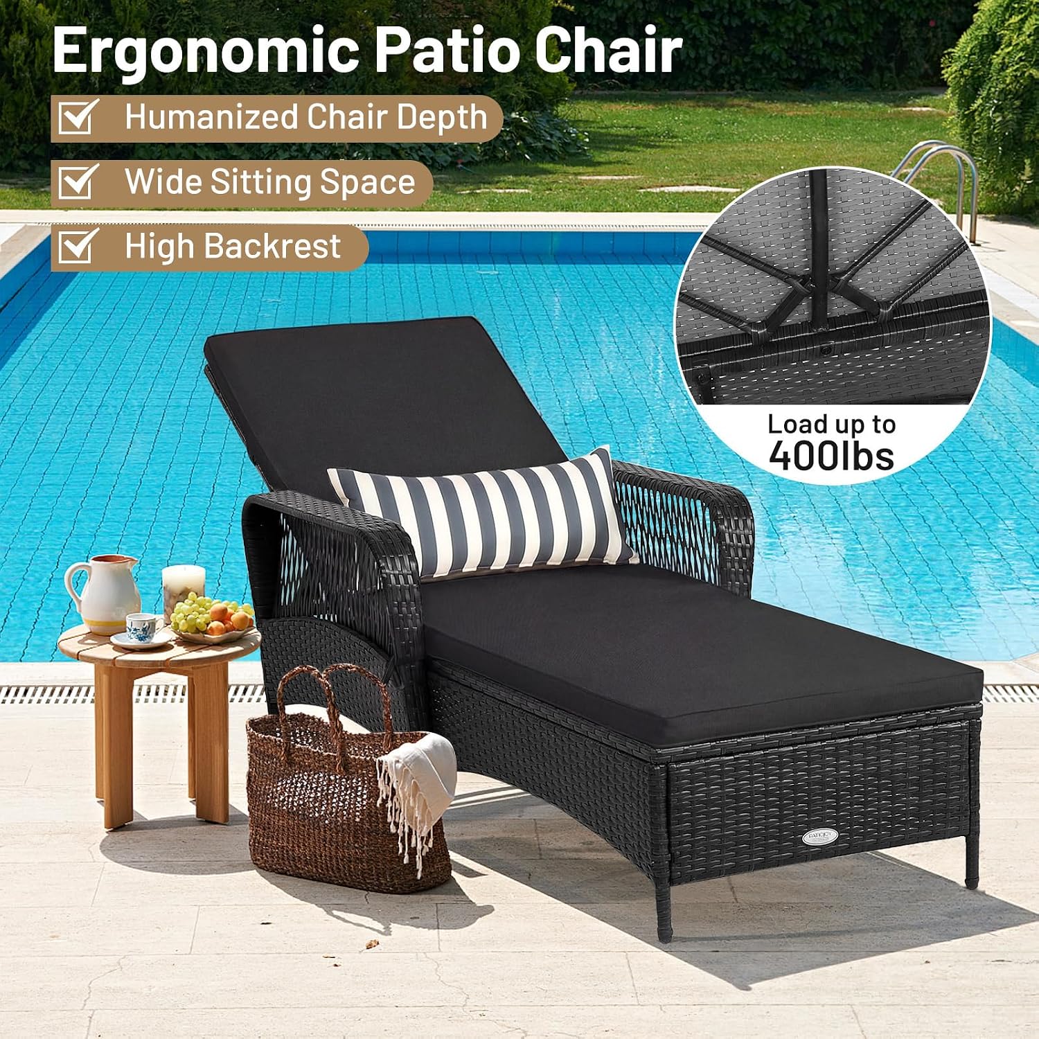HAPPYGRILL Patio Chaise Lounge, Outdoor Rattan Wicker Recliner Chair with Thick Cushion, Lumbar Pillow, Adjustable Backrest for Garden Porch Lawn Poolside (1)