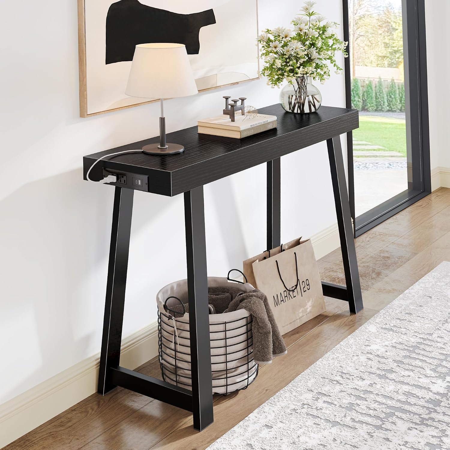 Huuger Entryway Console Table with Charging Station, USB-C Port, 39.4 Inch Sofa Table with Metal Legs, Entry Hallway Table with Thicker Desktop, Modern Behind Couch Table, Black