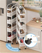 UMDONX Slim Storage Cart 5 Tier with Pull Out Basket Bathroom Organizer Rolling cart, Rolling Utility Cart Slide Out Organizer for Kitchen, Bathroom, Laundry White