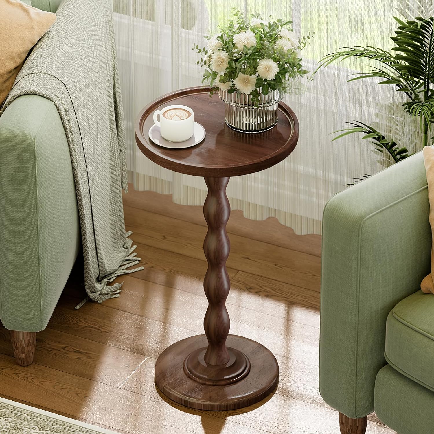 Small Round Side End Table - Solid Wood Accent Drink Table for Living Room, Modern Bedside Coffee Table Nightstand with Pedestal, Vintage Corner Couch Tables for Bedroom Small Spaces, Rustic Brown