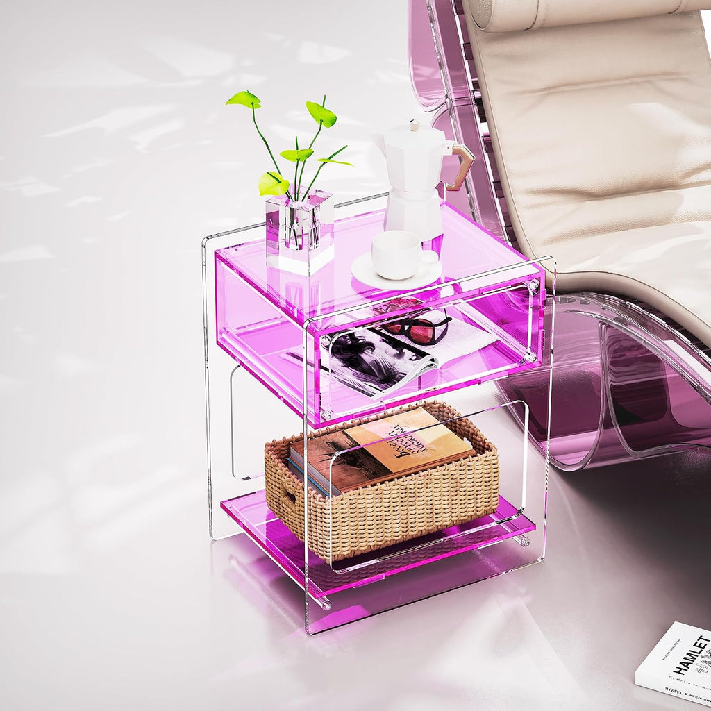 Acrylic Side Table for Living Room, Acrylic Nightstand for Bedroom, L-Series, 15.7'' x 11.8'' × 19.7'' inches (Pink)