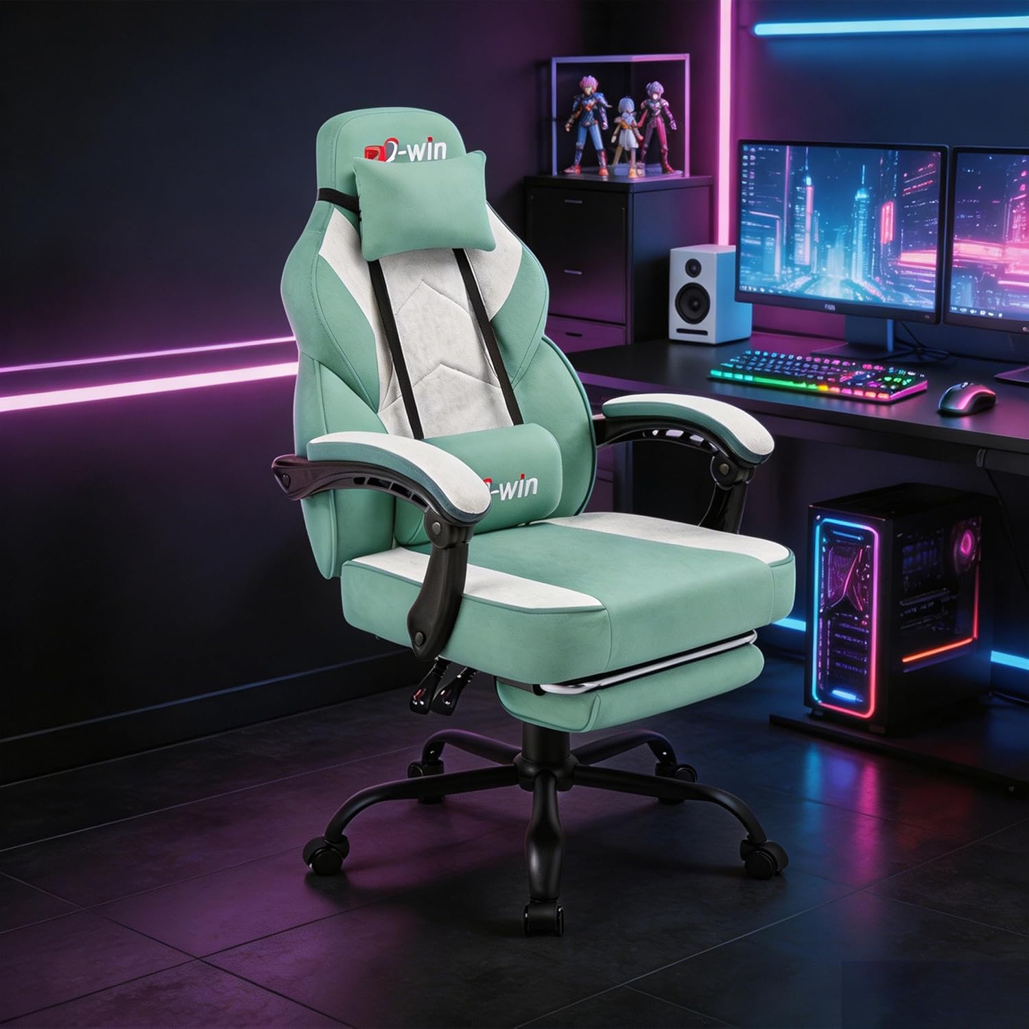 Shintenchi Big and Tall Gaming Chair Fabric Pocket Spring Cushion,High Back Recliner with Footrest and Headrest for Adults, Massage Lumbar Support for Home Office, Ergonomic Computer Desk Chair, Green