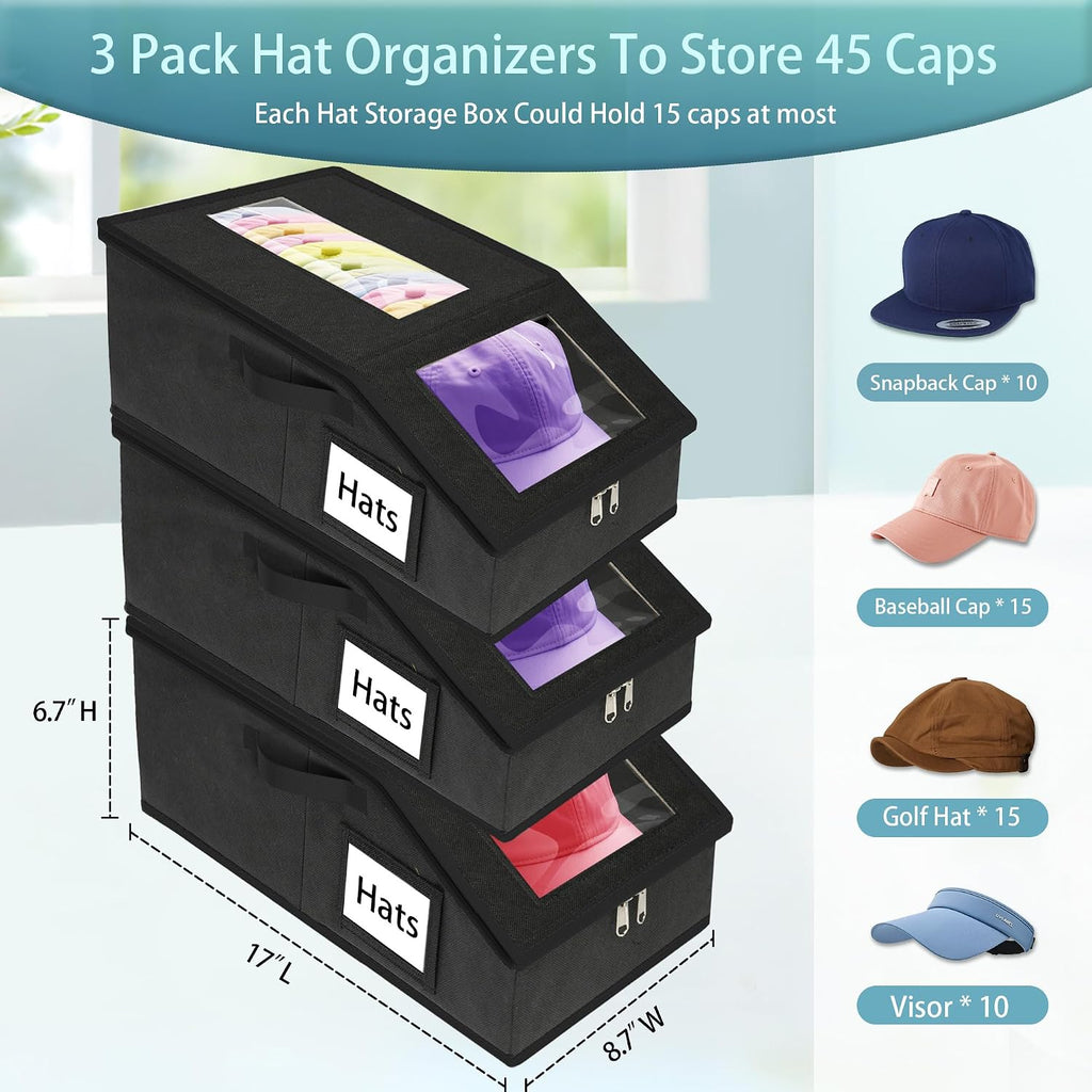 Stackable Hat Storage for Baseball Caps, 3 PCS Hat Storage Boxes for Closet, Holds up to 45 Caps with Cardboard, Hat Organizer for Women & Men(Two Clear Window)（Black）