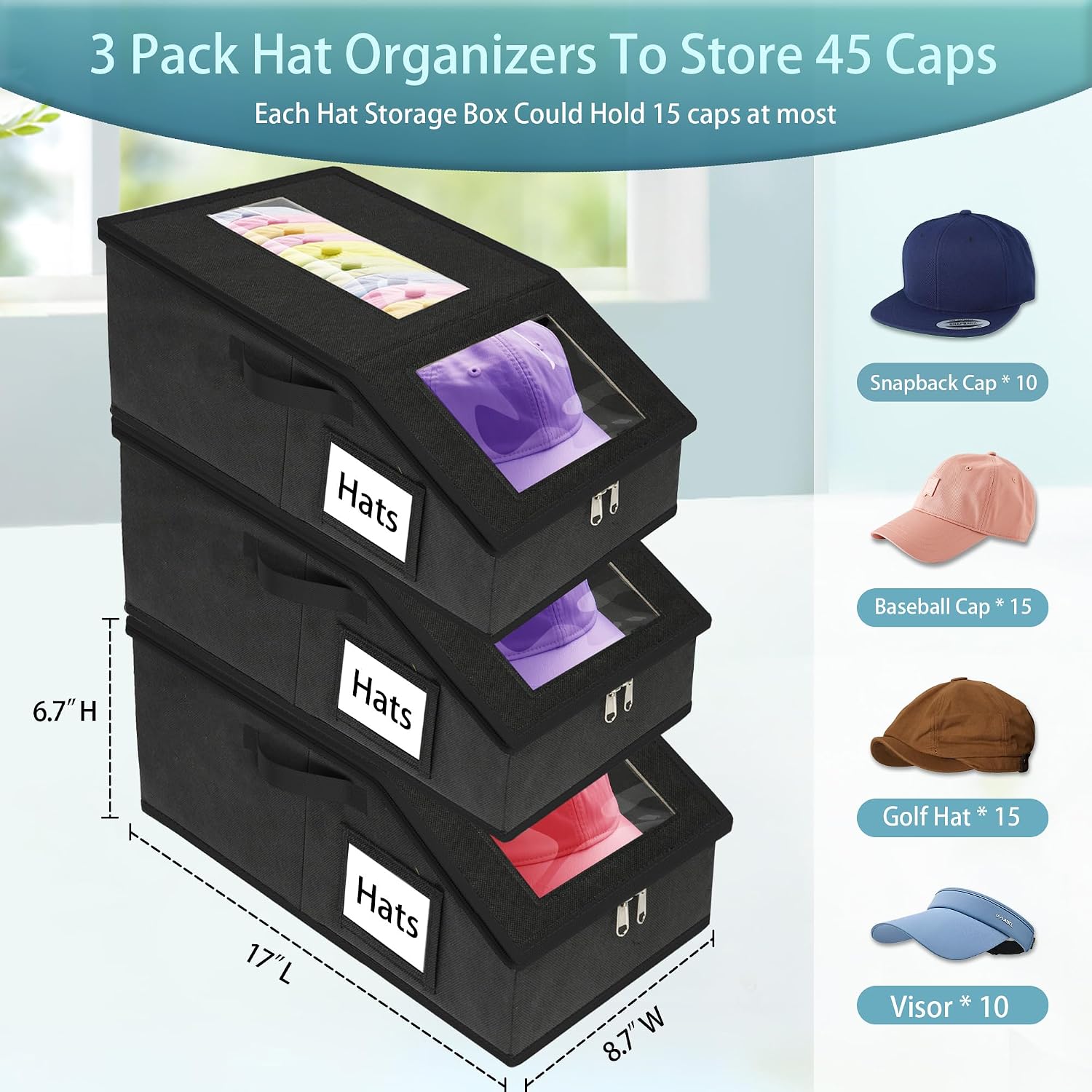 Stackable Hat Storage for Baseball Caps, 3 PCS Hat Storage Boxes for Closet, Holds up to 45 Caps with Cardboard, Hat Organizer for Women & Men(Two Clear Window)（Black）