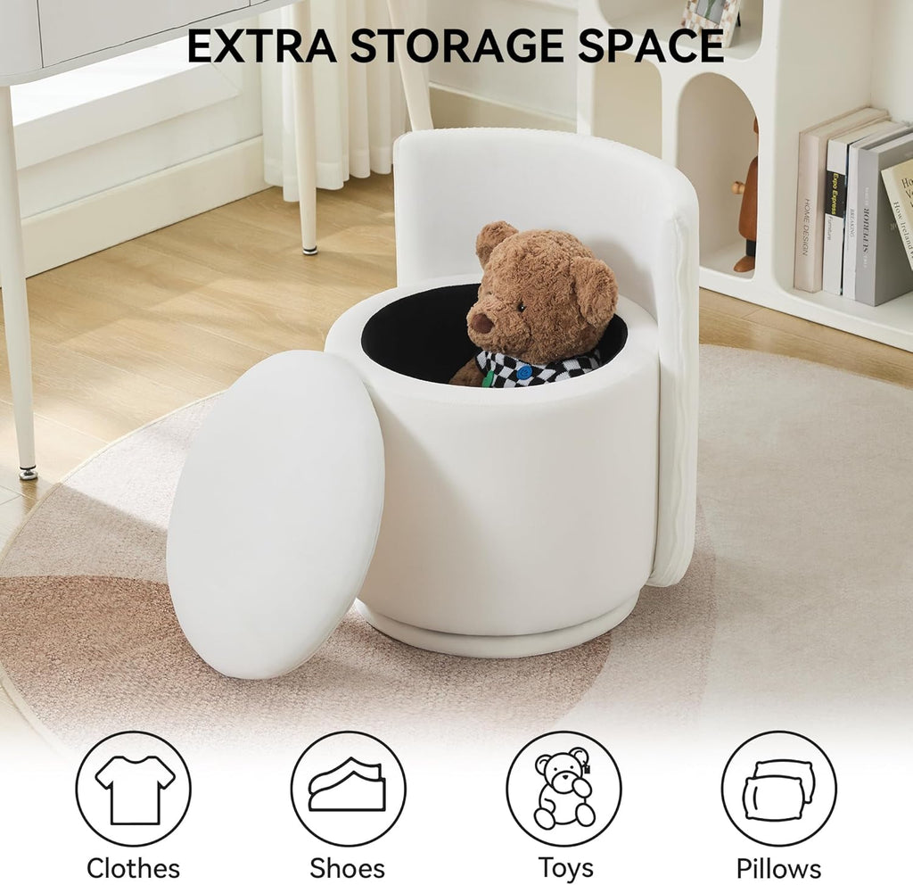 WUTUTUEE Velvet Vanity Chair with Storage, 360° Swivel Makeup Chair with Wave Back, No Assembly Small Accent Stool for Bedroom, Dressing, Living Room, White