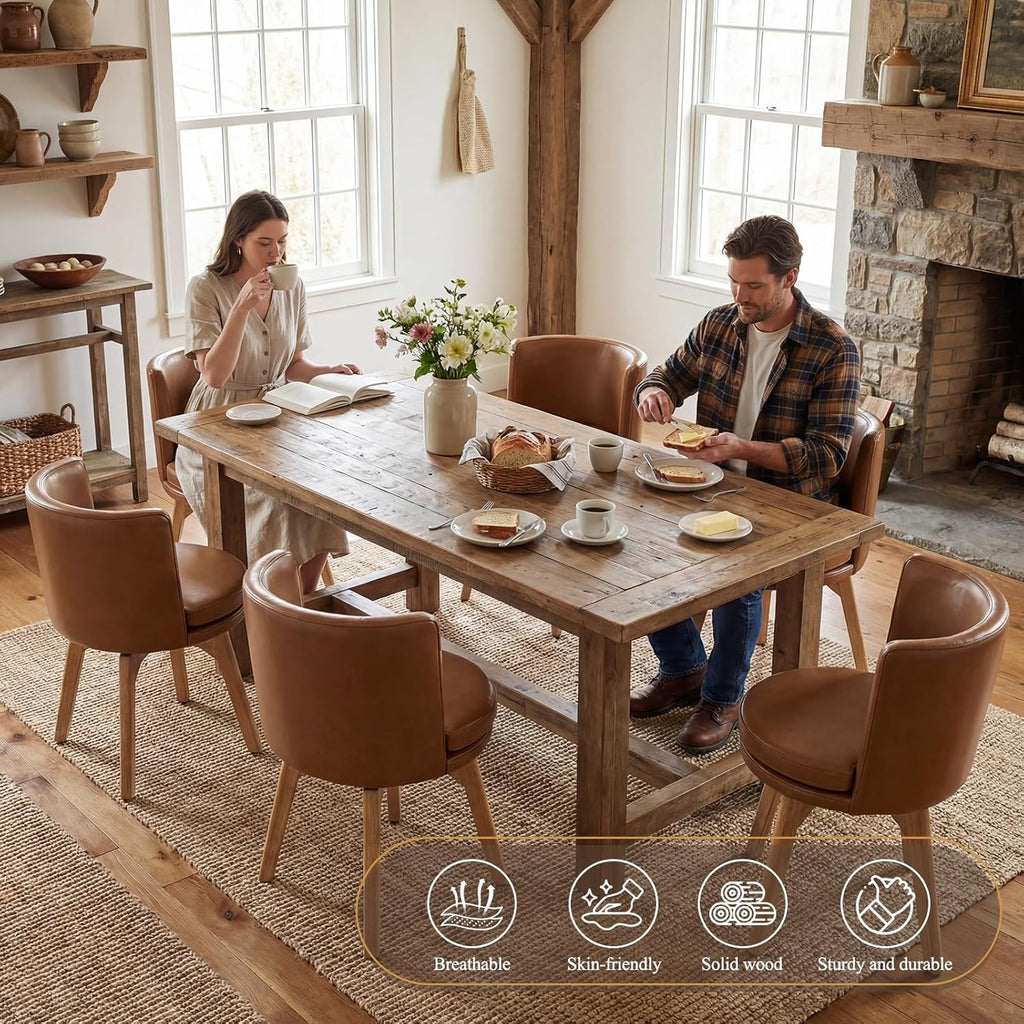 Swivel Dining Chairs Set of 2, 360° Rotating Kitchen Chairs with Solid Rubber Wood Legs, Upholstered Barrel Back Dining Room Seating for Modern Home/Kitchen - Bronw PU