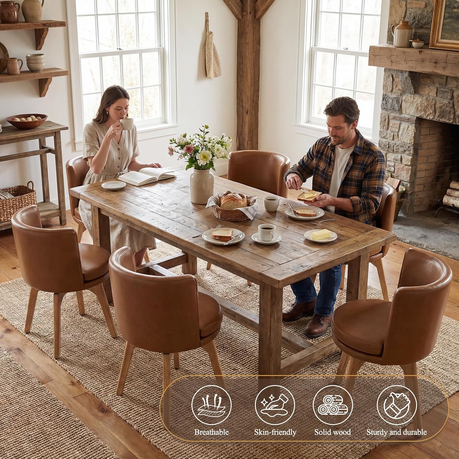 Swivel Dining Chairs Set of 2, 360° Rotating Kitchen Chairs with Solid Rubber Wood Legs, Upholstered Barrel Back Dining Room Seating for Modern Home/Kitchen - Bronw PU