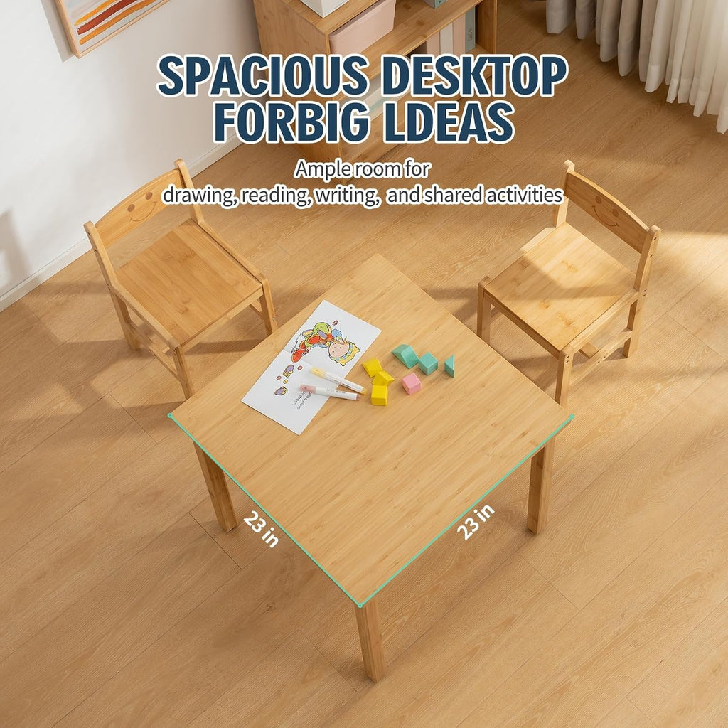 UNICOO Kids Table and 2 Chairs Set with Bookshelf, Bamboo Toddler Desk and Chair Set, Wooden Kids Activity Table and Study Desk for Reading, Writing, Drawing, Playroom, Classroom, Natural