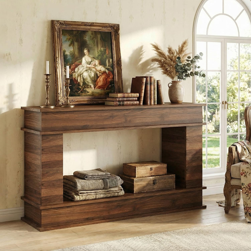 63 in Farmhouse Console Table, Long Entryway Table with Open-Back Storage, Wood Entrance Table, Narrow Couch Table Behind Sofa Modern Entry Table for Living Room, Foyer, Hallway,Walnut