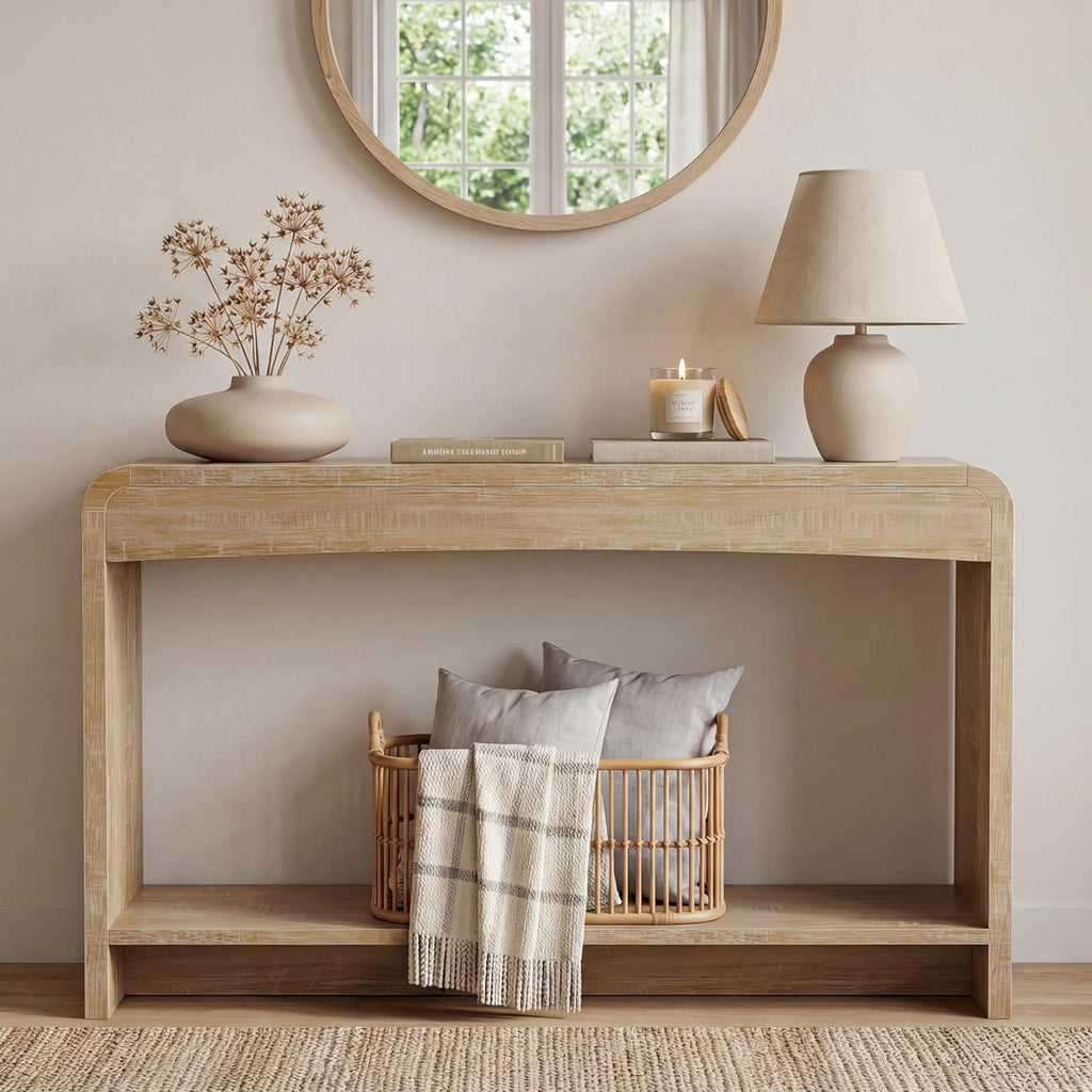 Farmhouse Entryway Table, 43.7" Console Tables for Entryway with Open Shelf, Sofa Table Behind Couch, Wooden Entry Table with Storage for Entrance, Living Room, Hallway, Natural