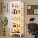5-Tier Glass Display Cabinet with LED Lights, 67" Curio Cabinet, White | Flip-Up Doors, 13-Color LED Lights, 3-Side Tempered Glass Display Case for Books, Collectibles, Figures