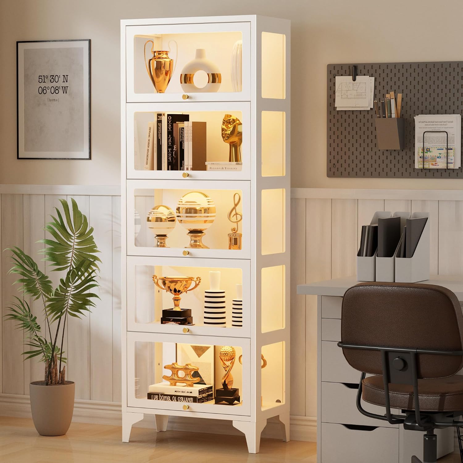 5-Tier Glass Display Cabinet with LED Lights, 67" Curio Cabinet, White | Flip-Up Doors, 13-Color LED Lights, 3-Side Tempered Glass Display Case for Books, Collectibles, Figures