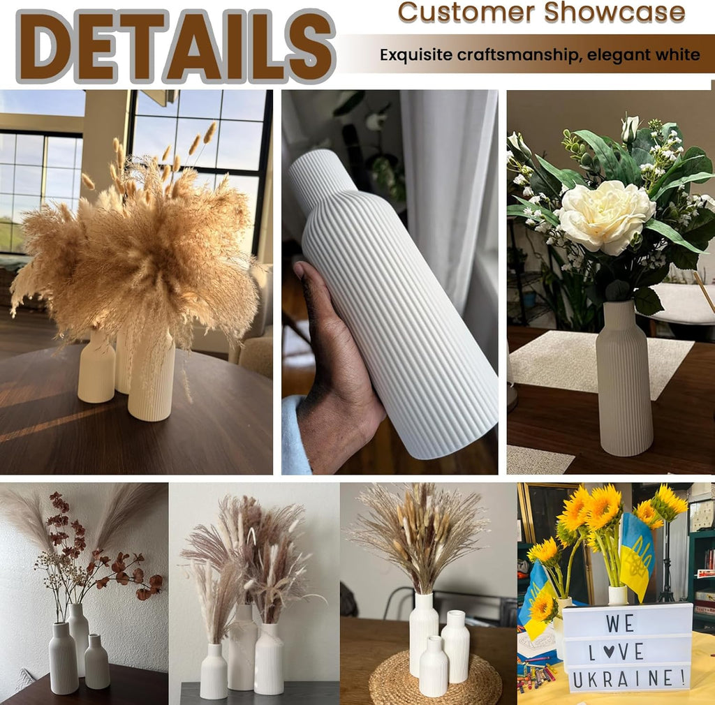 Black Ceramic Flower Vases Set of 3, Modern Matte Vertical Ribbed, Nordic Minimalist Decor for Pampas Grass, Dried & Fresh Flowers, Centerpiece for Living Room, Shelf, Entryway, Wedding